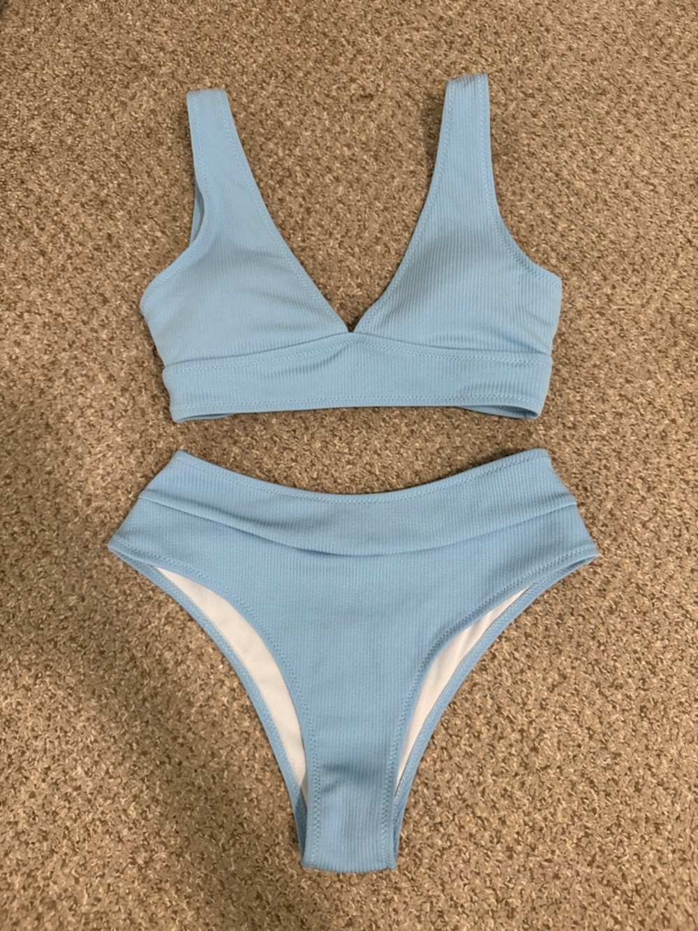 SHEIN Light Blue Ribbed V-Neck Bikini Set